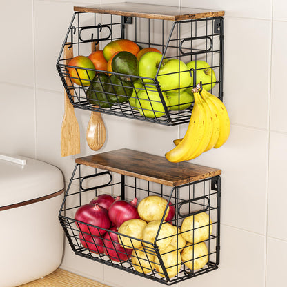 Delamu Stackable Metal Fruit Basket with Wood Lid 2 Pack, Hanging Wall Organizer for Kitchen Counter, Pantry Storage for Onions, Potatoes, Garlic, Fruits, Spices, Black
