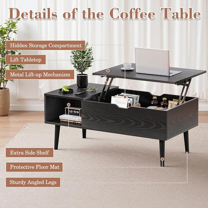 OLIXIS Wood Coffee Table Lift Top Coffee Tables for Living Room Office, Small Rising Wooden Center Tables with Large Storage Shelf and Hidden Compartment, Black
