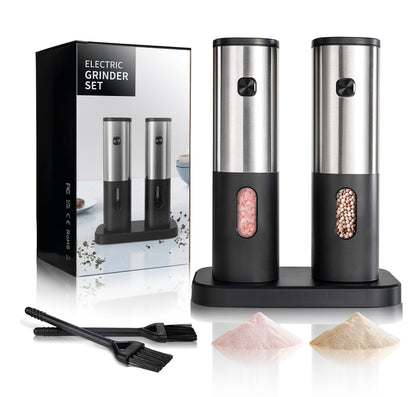 Battery Operated Salt and Pepper Grinder Set, Electric Salt Grinder with Storage Base, One Hand Automatic Operation, Stainless Steel Black 2 Pack