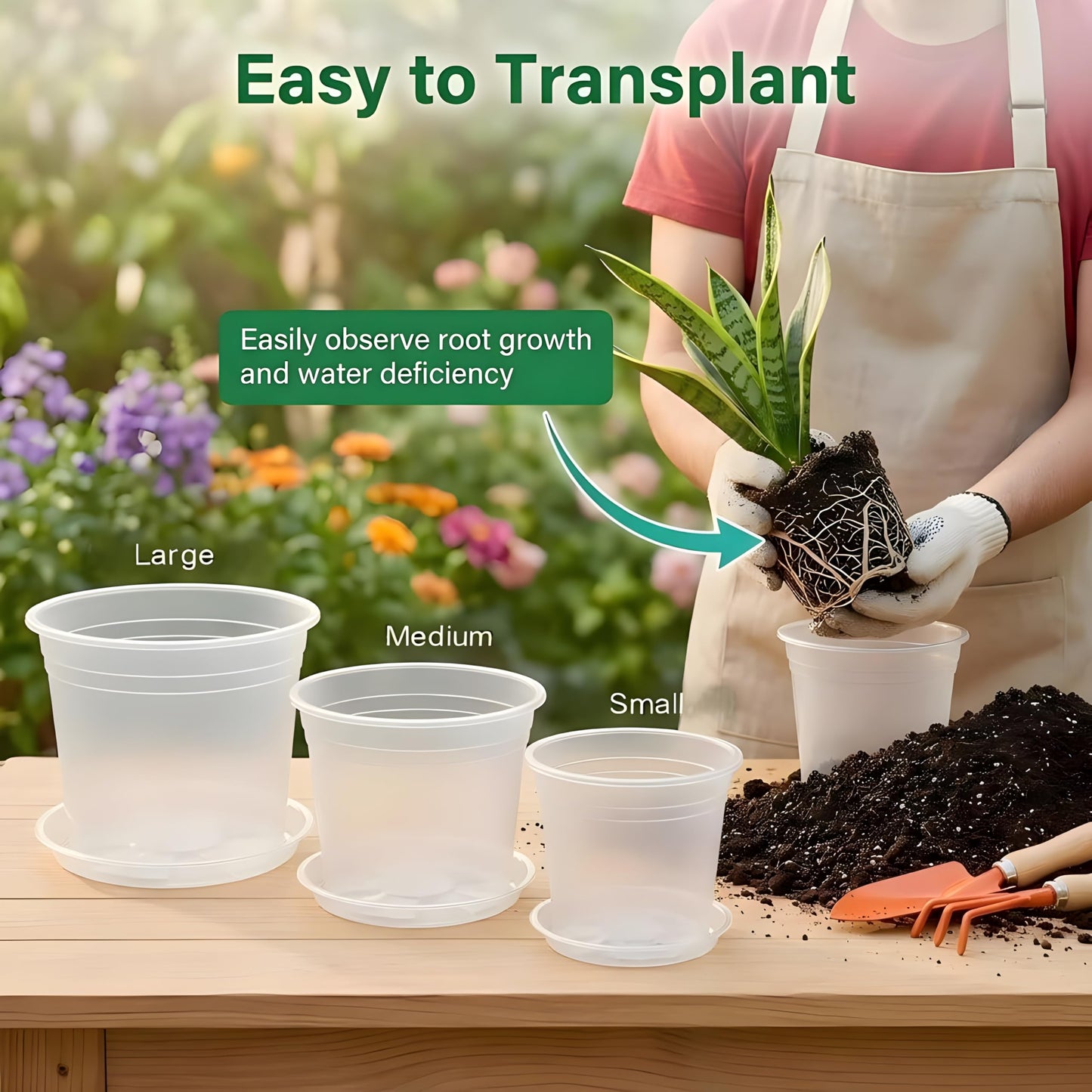 JADENIO 7/8/10 Inch Clear Nursery Pots with Drainage Holes, 15 Pack Plastic Plant Pots, Indoor & Outdoor Use, Ideal for Flowers, Vegetable Seedlings and Seed Starting