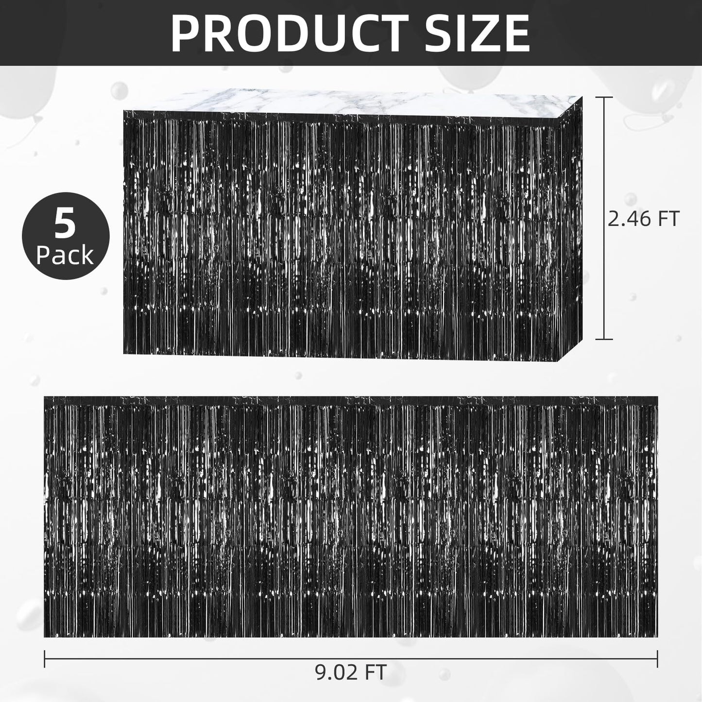 5 Pack Black Foil Fringe Table Skirt 29x108 Inch Metallic Foil Fringe Table Skirts Tinsel Streamer Curtains Backdrop Parade Floats Birthday Halloween Christmas Party Decoration (Black)