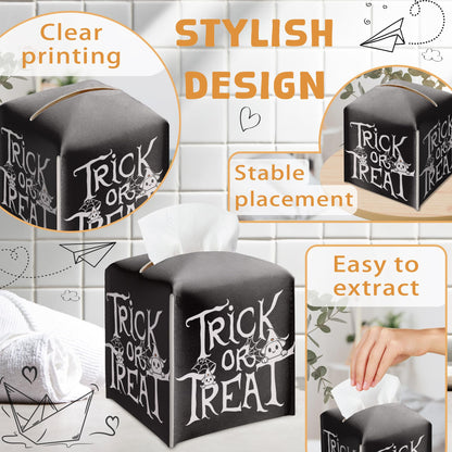 Halloween Trick Or Treat Tissue Box Holder, Black Leather Tissue Box Cover Square, Facial Paper Organizer Dispenser Toilet Paper Holder for Bathroom Kitchen Office Home Decor-A08