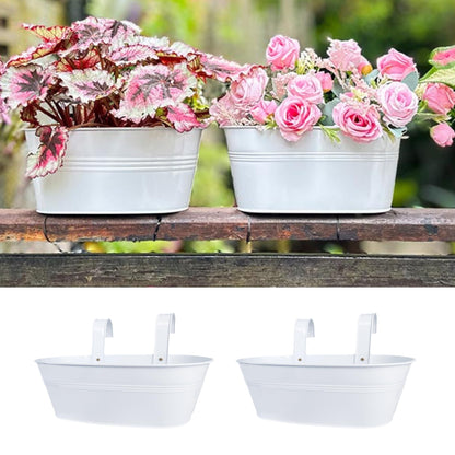 LaLaGreen Outdoor Plants Rail Planter (15 Inch, 2 Pack) White Metal Iron Hanging Flower Pot Deck Railing Fence Bucket Modern Boho Style Wall Mount Window Box Plant Holder Hooks Porch Herb Garden Decor