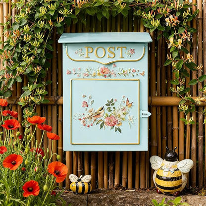 Mailbox Wall Mount Mailboxes for Outside Vintage Mail Boxes for House Outside Metal Drop Box Antique Style Nostalgic Charm Home Decorative, Flower Pattern Blue