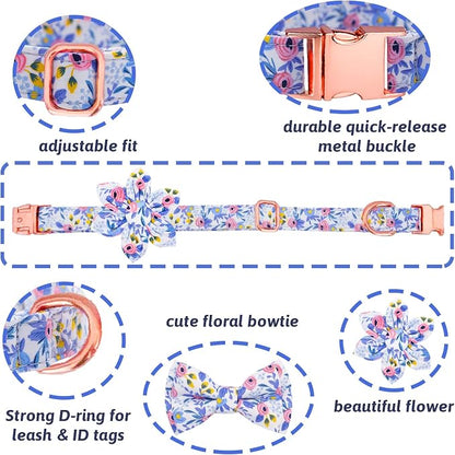 Dog Collar and Leash Set Girls Adjustable Puppy Collars with Floral Bow Tie for Small Medium Large Female Dogs, Blue Flower, L