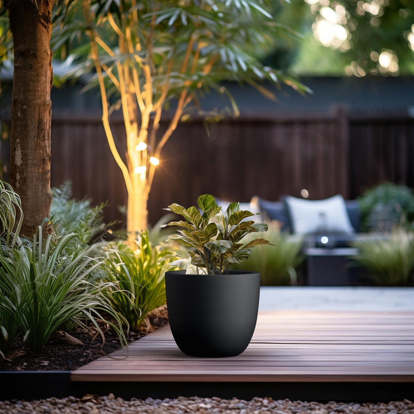 Kante 14 Inch Dia Round Concrete Planter, Indoor Outdoor Large Plant Pot with Drainage Hole and Rubber Plug for Home Patio Garden, Black