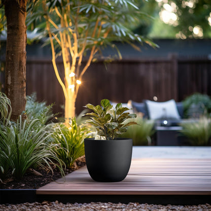 Kante 14 Inch Dia Round Concrete Planter, Indoor Outdoor Large Plant Pot with Drainage Hole and Rubber Plug for Home Patio Garden, Black