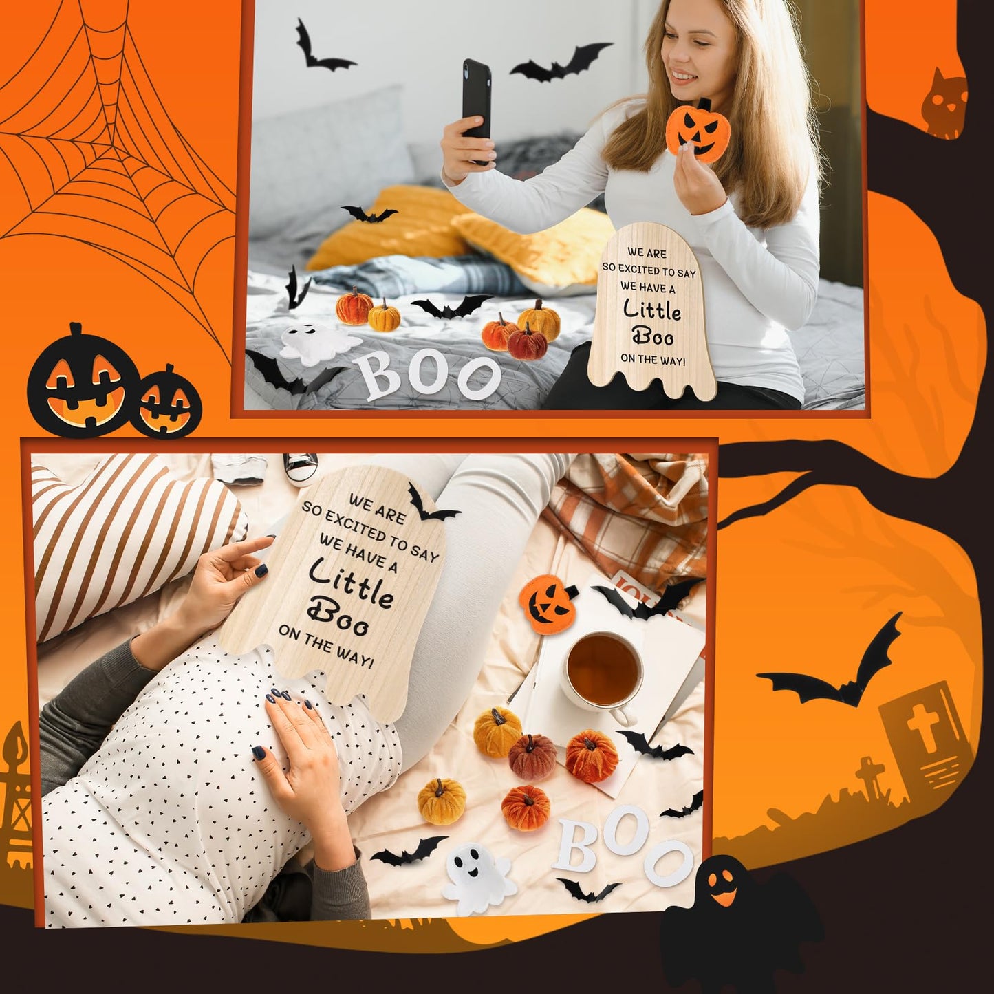 Fiwochic 22 Pcs Fall Pregnancy Announcement Set Fall Thanksgiving Baby Reveal Idea Include "we Have a Little Boo" Wooden Ghost Shape Sign Velvet Pumpkin 3D Bat Felt Ghost Pumpkin for Baby Shower Party