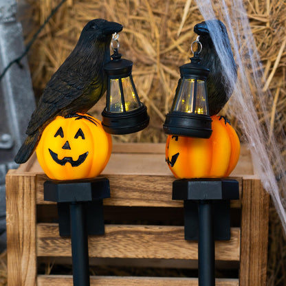 Dazzle Bright 2 Pack Halloween Crow Pathway Lights Outdoor, Solar Powered Resin Crow with Pumpkin Walkway Lights, Stake Light for Halloween Pathway Garden Lawn Yard Gifts Decoration