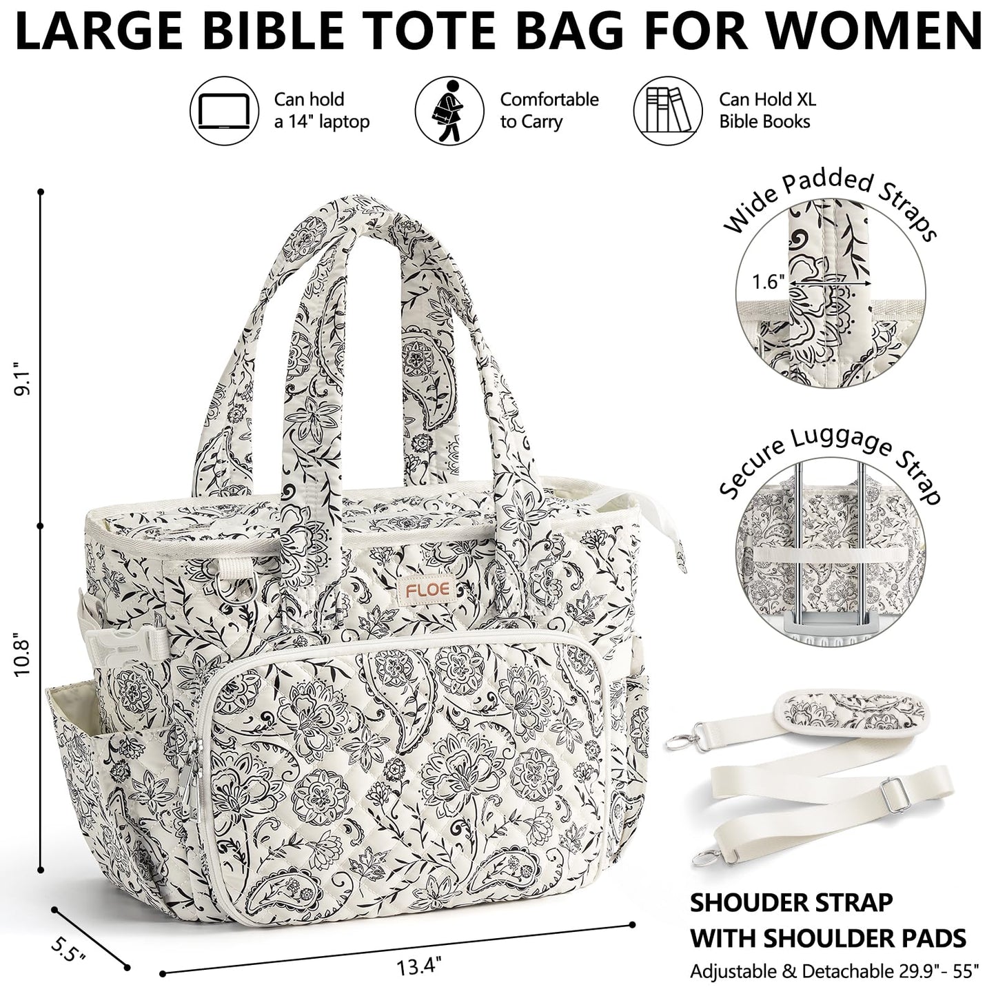Large Bible Bag for Women Bible Cover Case, Quilted Puffer Bible Tote Bag Church Bag w/Shoulder Strap, Bible Study Supplies Journaling Kit Accessories Pen Tabs, Christmas Christian Gifts for Women Mom