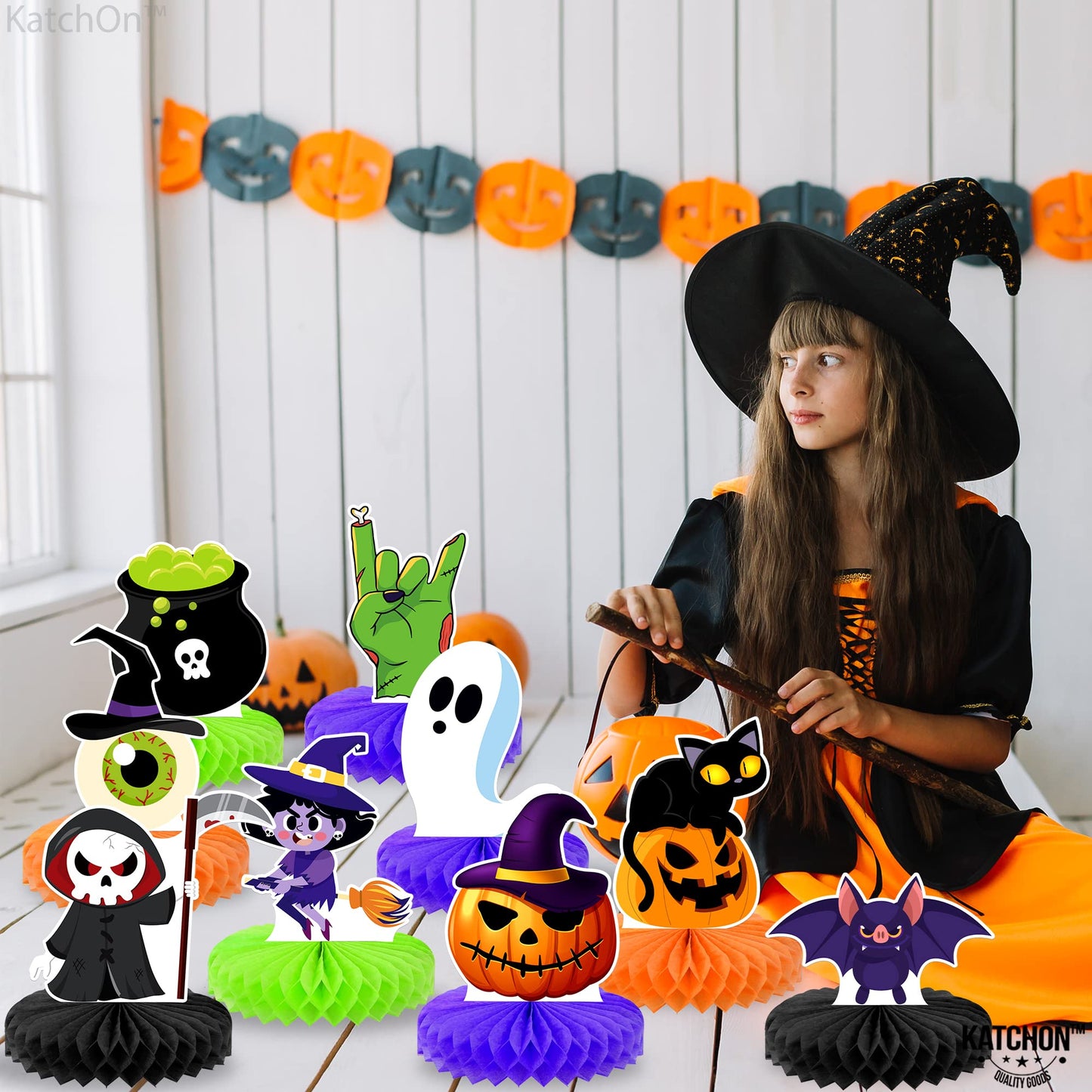 KatchOn, Halloween Honeycomb Centerpieces - Pack of 9 | Halloween Party Table Decorations | Halloween Party Table Centerpieces for Kids Halloween Birthday Party Decorations | Halloween Table Décor
