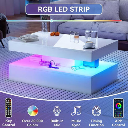 39” High-Glossy LED Coffee Table with 2 Sliding Drawers, Living Room Storage Coffee Tables, Modern Stylish Double-Layer Center Tables with LED Lights, White