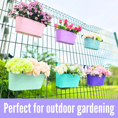 LaLaGreen Outdoor Hanging Planter (11.2 Inch, 6 Pack) Light Pink, Light Purple, Turquoise, Light Blue, Dark Purple, Cadet Blue Metal Iron Window Box Flower Pot Deck Railings Fence Porch Garden Decor