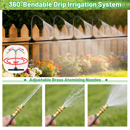 49.2 Ft 360° Adjustable 1/4" Drip Irrigation System Bendable Watering Misting System Drip Irrigation Kit Garden Watering Atomizing System with 12 Nozzles, Automatic Irrigation System for Garden