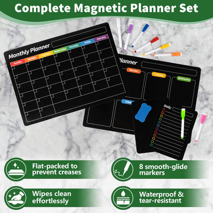 FINDMAG 4 Pack Magnetic Dry Erase Board Set, 16.5"x11.8" Magnetic Calendar for Refrigerator, Fridge Calendar Magnet, Black Weekly Planner Whiteboard for Fridge, Easy to Use with 8 Markers & Eraser