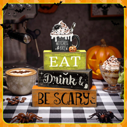 Lineshading 4 Pcs Halloween Table Decor - "Eat Drink & Be Scary" Witch Brew Themed Stackable Block Signs, Rustic Farmhouse Halloween Table Centerpieces for Home Kitchen Dining Coffee Bar