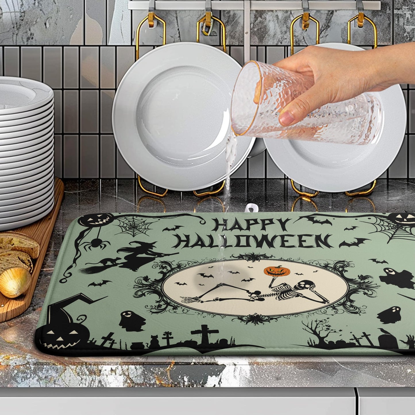 Wnoesat Happy Halloween Dish Drying Mat for Kitchen Counter 18x24 Skull Pumpkin Witch Spider Web Bat Ghost Drying Mats Green Black Absorbent Microfiber Dish Drainer Rack Pad for Coffee Bar