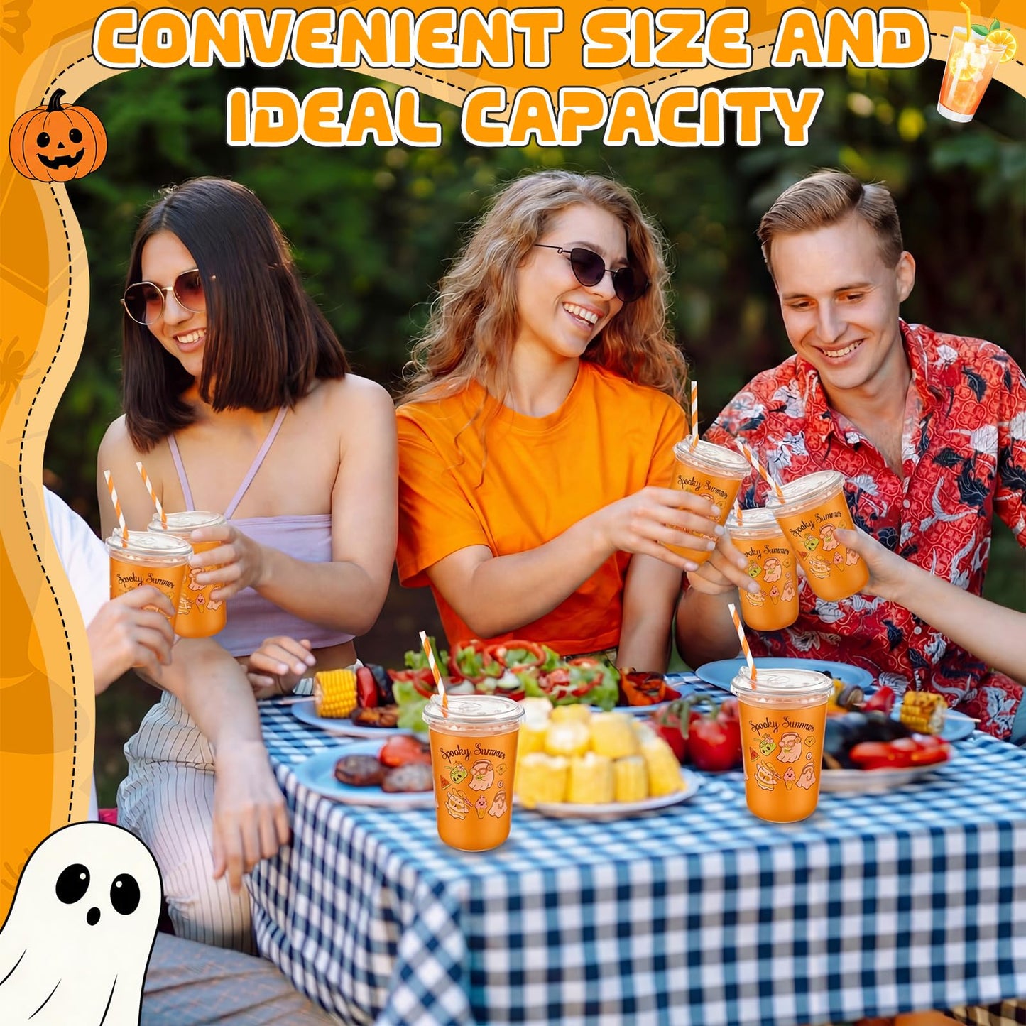 Rtteri 50 Sets Spooky Summer Plastic Cups with Lids and Straws 16 oz Disposable Clear Ghost Themed Cups Bulk for Iced Coffee Juice, Summer Halloween Birthday Party Decorations
