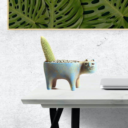 DIYOMR Cat Planter Animal Succulent Pots, Ceramic Cat Mini Flower Pots Cactus/Plants Containers for Home Office Desk Windowsill Decor, Plants Not Included (Light Blue)