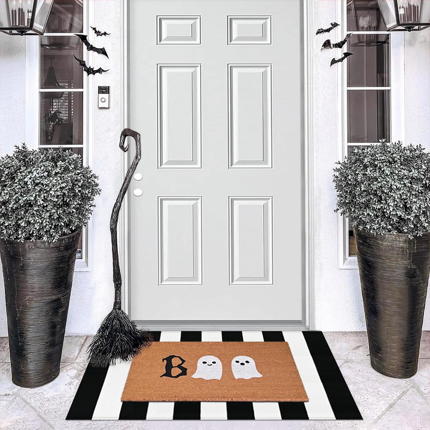 Halloween Door Mat Combo Set, Boo Ghost Coco Coir Welcome Doormat + 28" x 43" Black and White Plaid Rug, Autumn Halloween Front Porch Entryway Decor Floor Mat