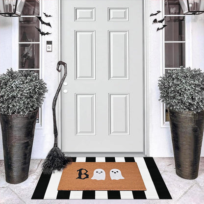 Halloween Door Mat Combo Set, Boo Ghost Coco Coir Welcome Doormat + 28" x 43" Black and White Plaid Rug, Autumn Halloween Front Porch Entryway Decor Floor Mat