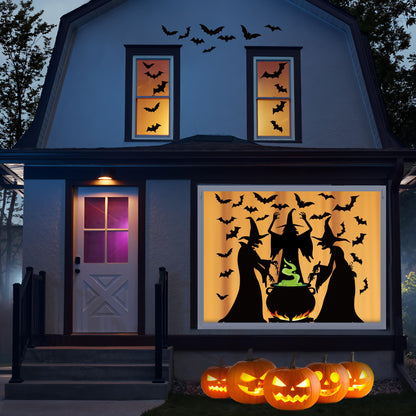 3 Sheets Halloween Witches Window Clings Decor Extra Large Witches with Cauldron Bats Silhouette Double Sided Halloween Window Decals Wicked Witch Windows Stickers for Party School Home Office Glass