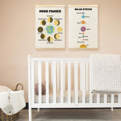 TLESKE Classroom Moon Phases Solar System Space Poster Hanger Frame Set of 2, Homeschool Hanging Wall Art Room Decor for Toddlers Kid Nursery Playroom, Preschool Prek Learning Educational Print, 16x24