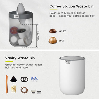 EKO Mini Desk Trash Can with Swing-Top Lid 0.4 Gallon Small Table Round Wastebasket for Office, Home, Car (White)