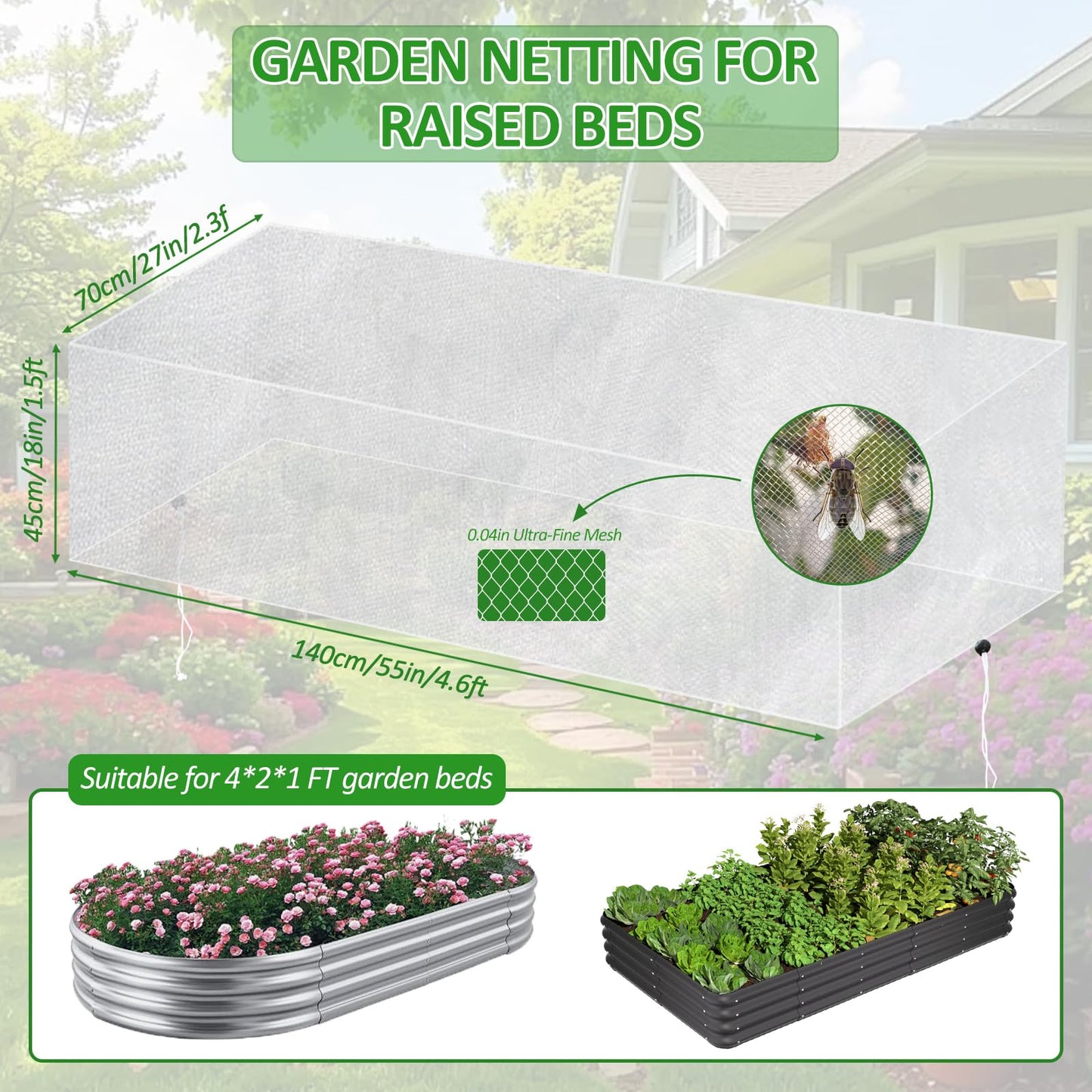 Sunwinx 2 Pack Garden Netting for Raised Beds, 4x2FT Raised Bed Cover for Garden Protection, Ultra Fine Mesh Bird Netting Pest Barrier Screen with Drawstring for Protecting Vegetables Fruits Flowers