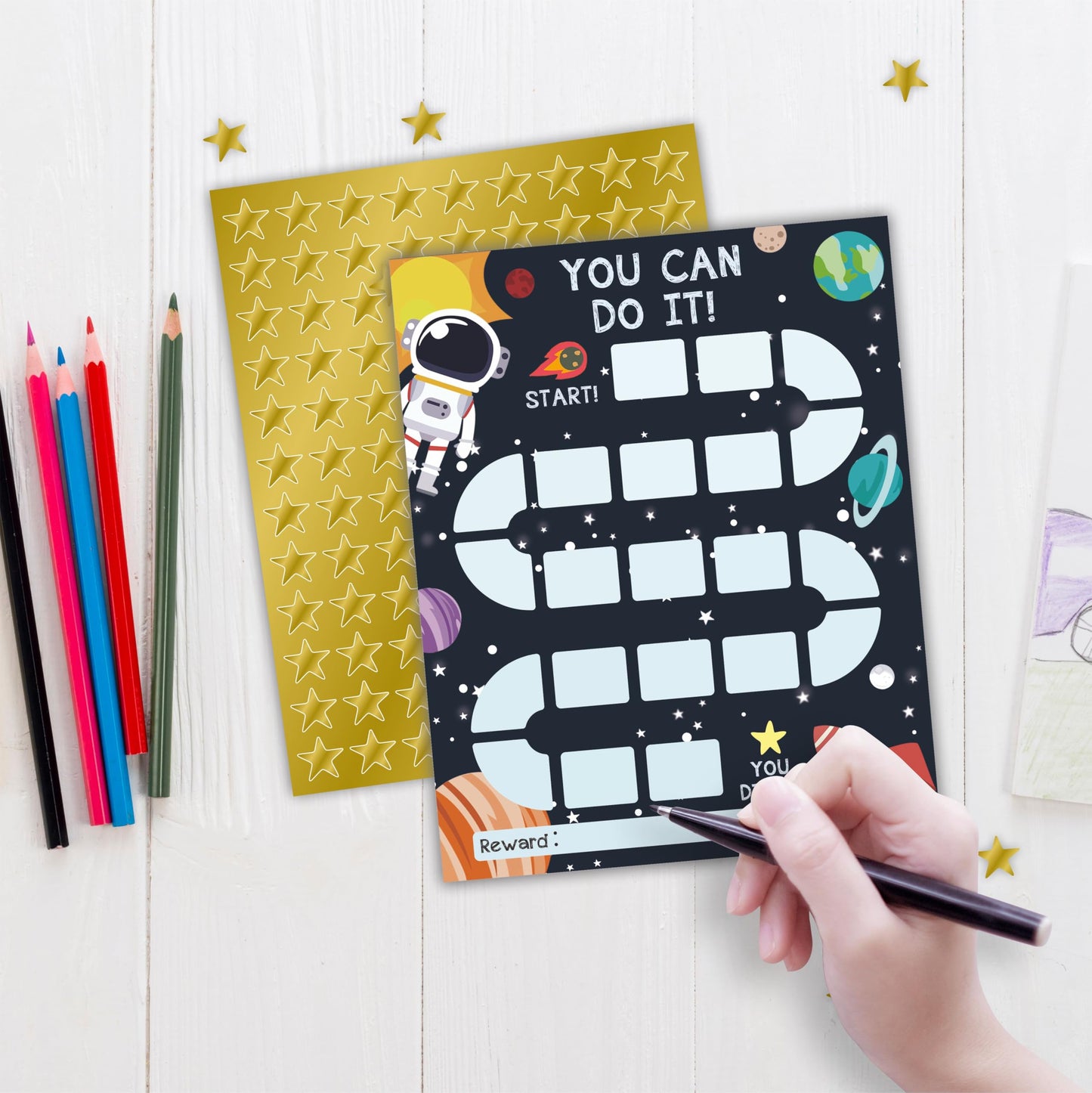 10 Reward Chart with 206 Golden Star Stickers-Outer Space Theme- Chore Chart, Incentive Chart,Positive Behavior Reward Chart for Kids,Toddler Homework Assignments, Attendance(8"X10")-A01