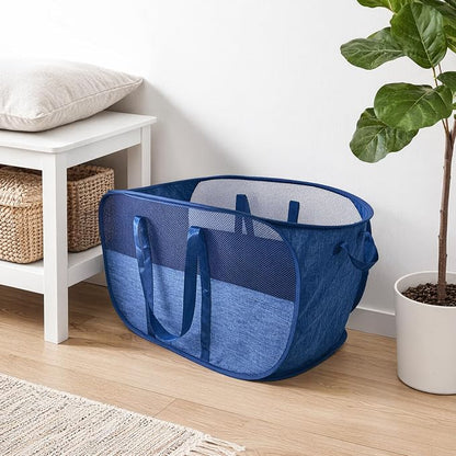 Extra Large Mesh Pop Up Laundry Hamper, 100L Collapsible Laundry Basket, Dirty Clothes Hamper with Reinforced Handles, Storage Bins for Shelves, Dorm or Home Portable Stair Laundry Basket. Blue
