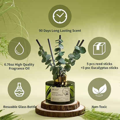 Airkeep Reed Diffuser Set with 6.76 fl oz Lemon Eucalyptus Scent Essential Oils and 3 Leaves & 8 Diffuser Sticks,Bathroom Shelf Decor & Air Freshener, House Bedroom Office Decor & Gifts