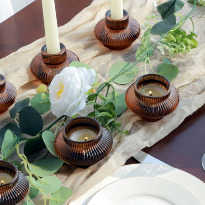 VOHO Brown Candlestick Holders Set of 6, Old Fashioned Candle Sticks Holder Decor for Daily Room/Halloween/Thanksgiving Party, Double Side Taper Candle Holders for Candlesticks/Tealight Candles(Brown)