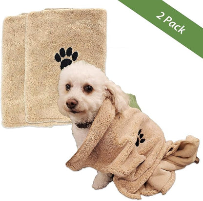 Zelica Dog Bath Drying Towels | Super Absorbent Shower Towels for Small Pet Dogs | Cute Light Brown Dog Towel | 34” x 25” (2 Pack)
