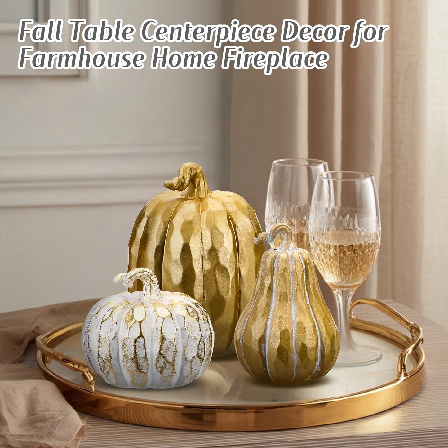 VioraWhite 3 Pack Fall Decor White and Gold Resin Figurine Thanksgiving Table Artificial Decorations for Autumn Harvest Indoor Home Farmhouse Kitchen(Pumpkin)