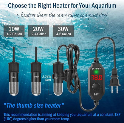 30W Mini Aquarium Heater for 4-6 Gallon Tanks | Submersible Fish Tank Heater with Digital Thermostat, Dry-Run & Overheat Protection, Memory Function