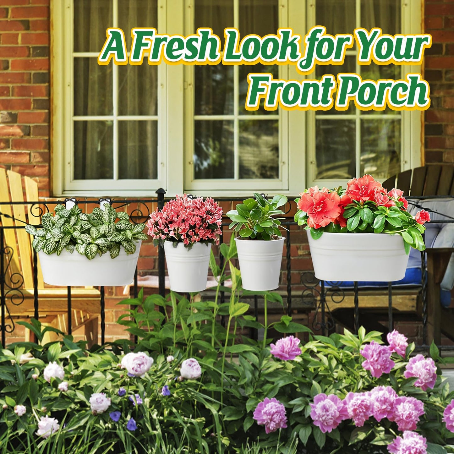 MADHOLLY 6Pcs Railing Planter with Drainage - 10.8" & 5.1" Bucket Pots for Balcony Railing, Metal Iron Hanging Flower Pots for Herb Planter Outdoor Deck & Rail Decor with Hook, White