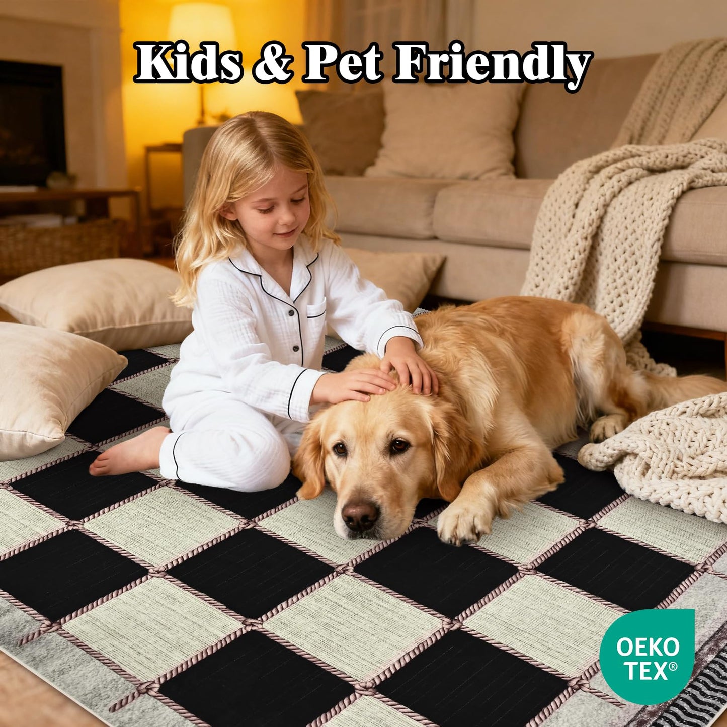 Yinhua Checkered 5x7 Area Rugs Black Farmhouse Washable Area Rug for Living Room Non Slip Soft Faux Wool Distressed Rugs for Bedroom, Classic Checkerboard Throw Rug for Nursery Office Playroom