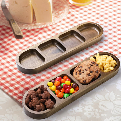 SmileBear 2 Pcs Soy Sauce Dish, Wooden Divided Dip Bowls, Korean 4-Compartment Sauce Plates for Home Restaurant BBQ, Vinegar, Spices, Ketchup, Salt, Sugar, and Flavors