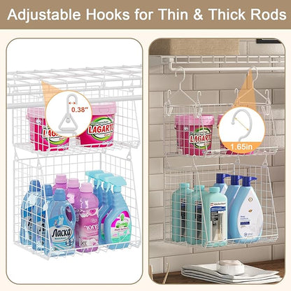 Sonyabecca 5-Tier Hanging Laundry Basket Organizer: Foldable Wire Shelf Basket with 4 Large Hooks 1.65" & 360°Rotating Hooks – Space-Saving Laundry Room Organization for Wardrobe Closet, White Patent