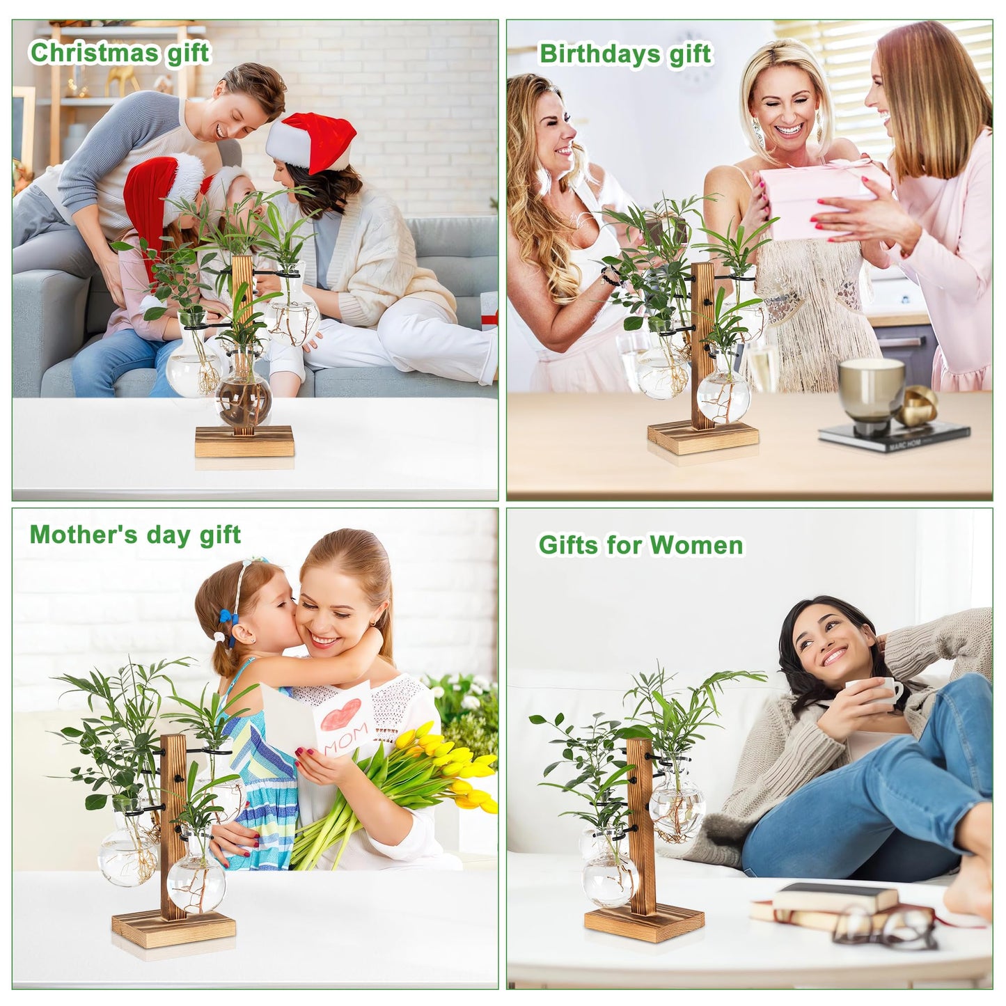 PAG-Mass Plant Propagation Station with 4 Glass Vases & Wood Stand, Hydroponic Air Planter for Indoor Plants, Unique Gardening Gift for Women & Plant Lovers, Desktop Terrarium for Home Decor