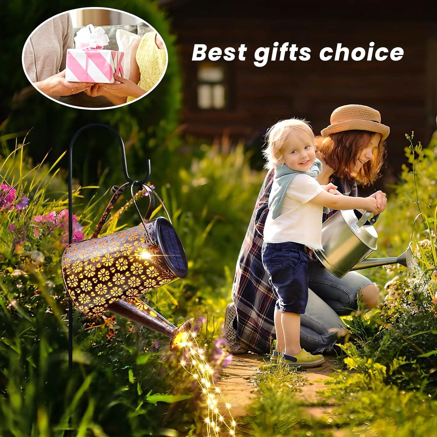 WDLFCGC 2 Pack Solar Watering Can Lights with Shepherd Hook, 8 Multi-Color Changing Modes, IP65 Waterproof, 60pcs String Lights for Outdoor Garden Pathway Lawn Patio Deck Walkway Courtyard