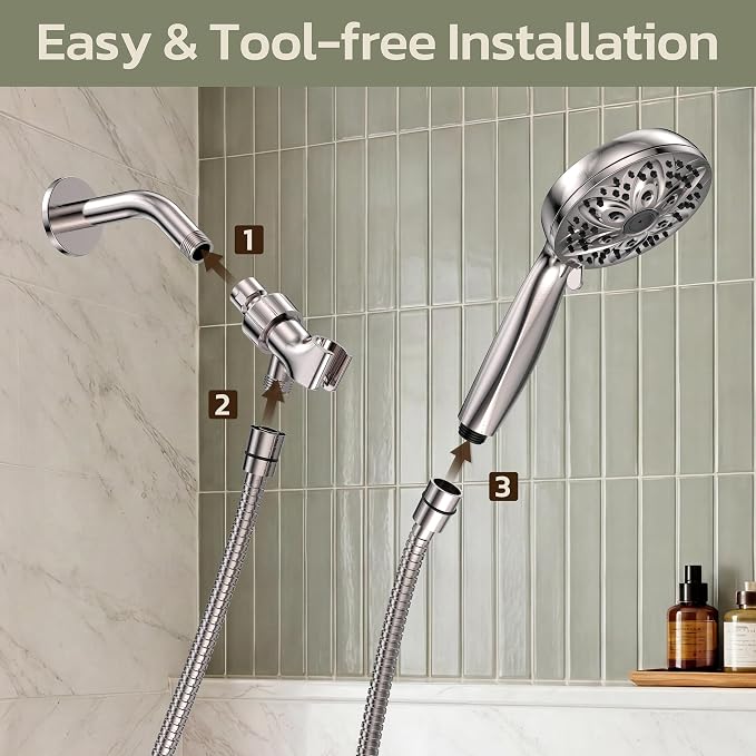 JDO Shower Head with Handheld, High Pressure Handheld Shower Head 6 Settings, Detachable Set with Stainless Steel Hose and Shower Bracket (Brushed Nickel)