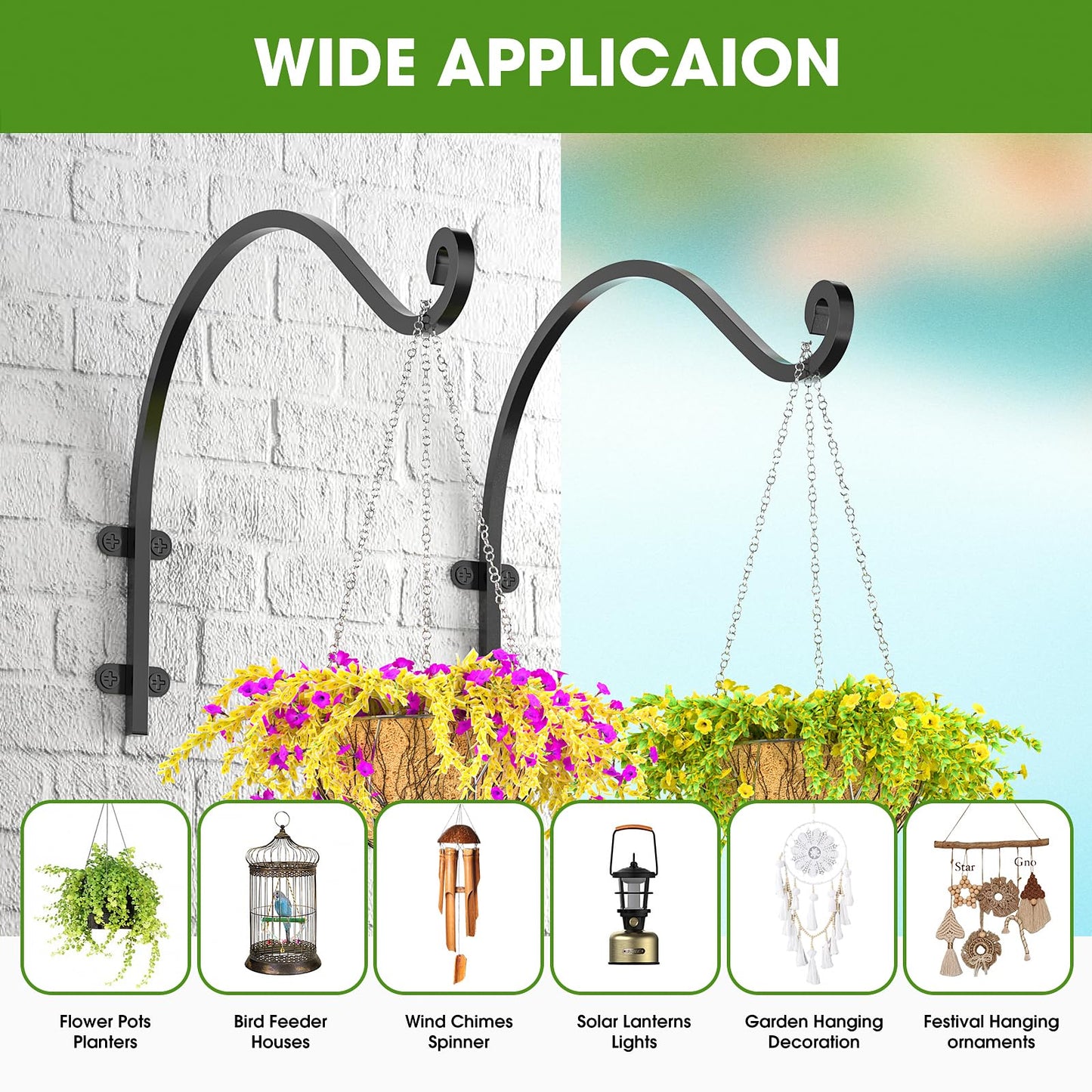 2Pack Heavy Duty Hanging Plant Brackets for Plants Basket Outdoor and Indoor, 16Inch Hanging Brackets Outdoor, 80lbs Holds Metal Plant Hanger Wall Hooks for Hanging Flower Pot Bird Feeder Lanterns