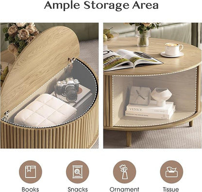 JOINICE,Round Coffee Table with Storage, 31.5" Natural Oak Fluted Center Table with Sliding Door, Modern Circle Drum Table for Living Room, Scandi Wood Furniture for Small Spaces
