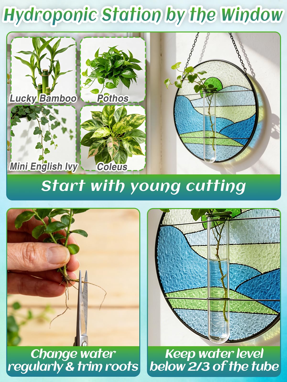 Stained Glass Propagation Stations - Sunshine Catcher Window Hanging Plant Holder, Terrariums Wall Decor for Women Mom Plant Lovers Gardening Gifts, Blue