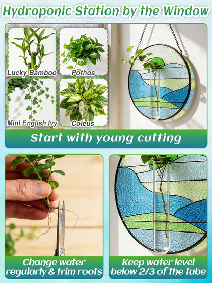 Stained Glass Propagation Stations - Sunshine Catcher Window Hanging Plant Holder, Terrariums Wall Decor for Women Mom Plant Lovers Gardening Gifts, Blue