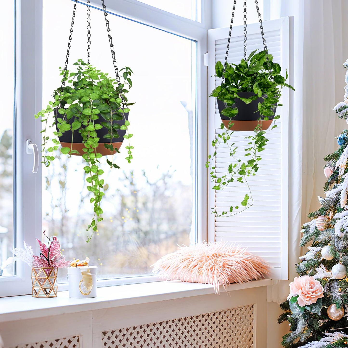 Kvetto Set of 2 Hanging Planters for Indoor Outdoor Plants, 8 Inch Self-Watering Hanging Flower Pots with Drainage Hole & Removable Water-Storage Tray (Hooks)