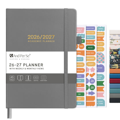 And Per Se Academic Planner 2026-2027 – Weekly & Monthly Planner, July 2026 to June 2027, A5 Leather Hardcover with Inner Pocket – Student & Teacher Organizer, 5.7" x 8"(Grey)