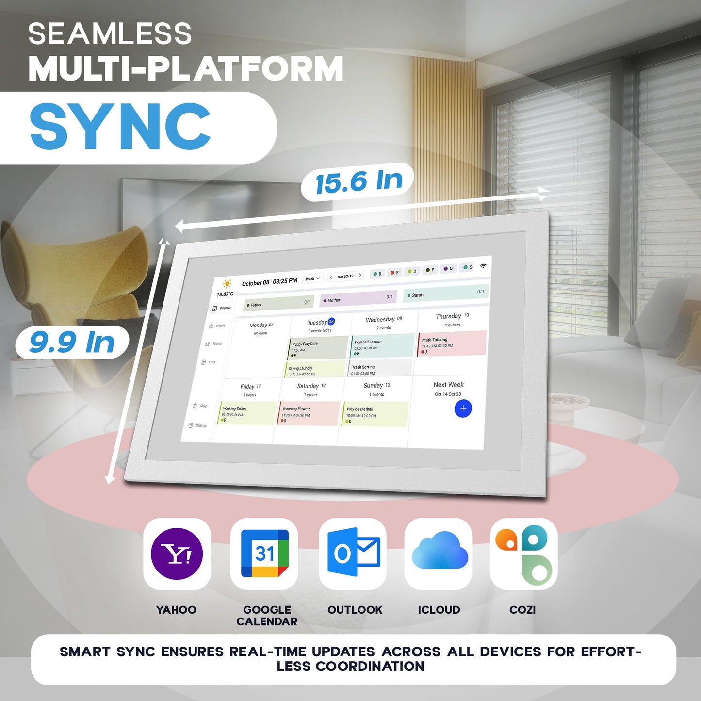 15.6 Inch Digital Calendar with Wall Mount Option, HD Touchscreen Planner, Wi-Fi sync, Color Coded Scheduling, Meal Planning, Chore Chart for Family and Home Organization